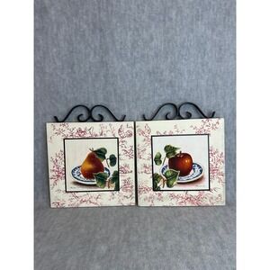 Set of 2 Vintage Style Fruit Wall‎ Art Pear Apple Toile Print Metal Scroll